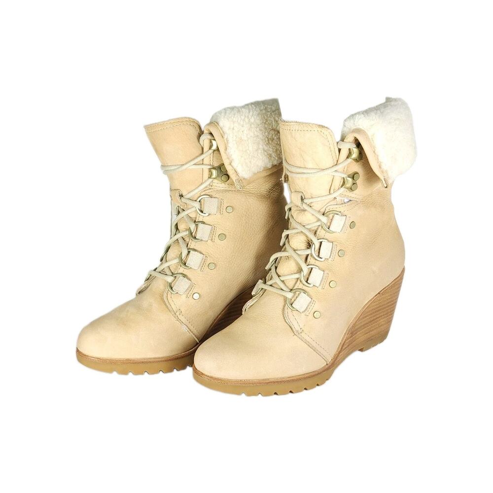 Sorel After Hours Women's US9 Beige Fold Over Wedge Winter Shearling Boots